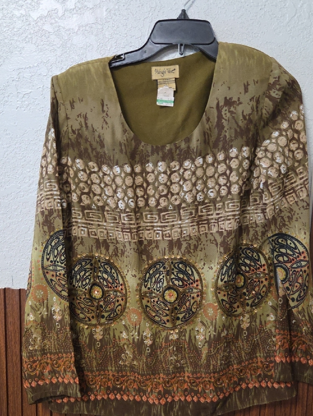 Midnight Velvet Olive Green Printed  Medallion Y2k Small Sz [1249]
